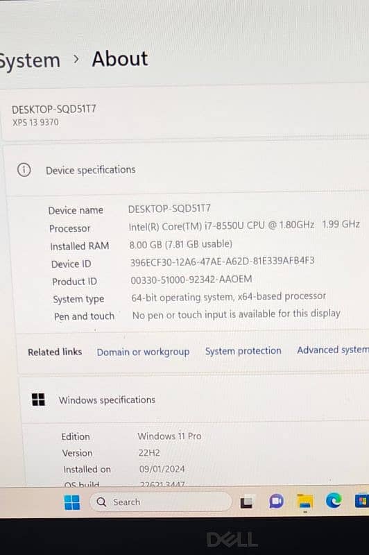 Dell XPS 13 9370 , i7 8th gen , 8 gb ram , 256 ssd 3