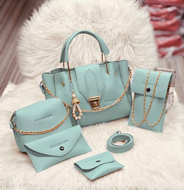 5 Pcs Women’s Pu Leather Plain Long Strap Hand Bag Wallet Set 3