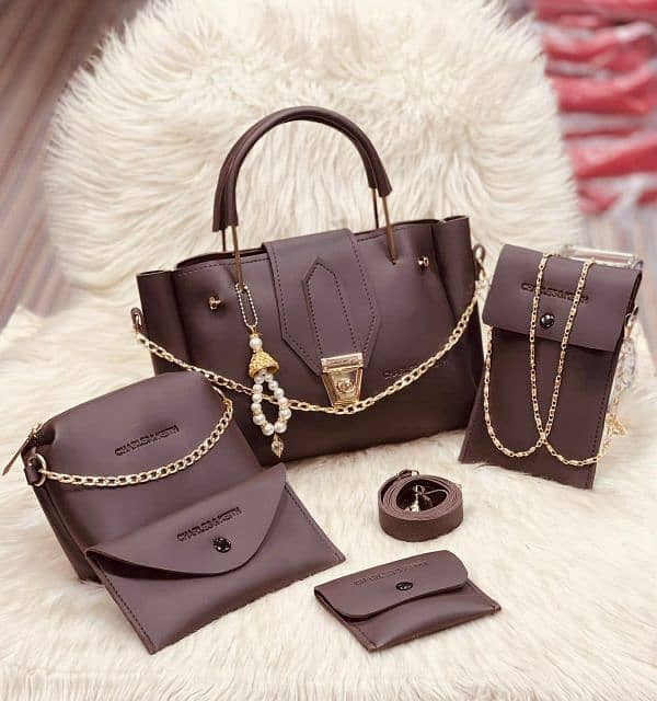 5 Pcs Women’s Pu Leather Plain Long Strap Hand Bag Wallet Set 6