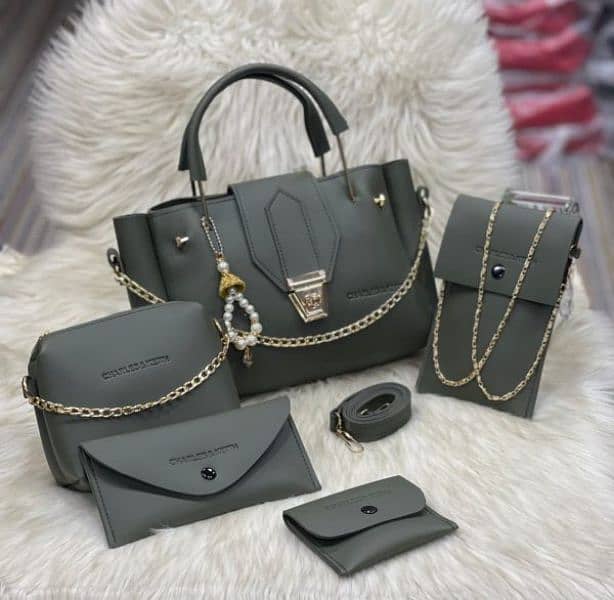 5 Pcs Women’s Pu Leather Plain Long Strap Hand Bag Wallet Set 7