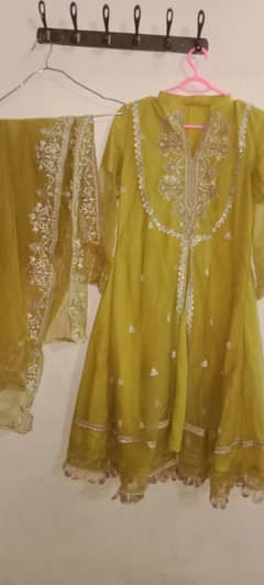 2pcs nioun yellow open frock with dubatta with coper and white emborid