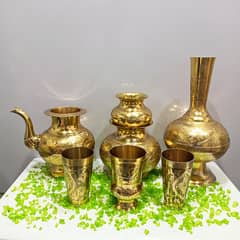 Elegant 7-Piece Vintage Brass Drinkware Set: Pitcher, Glasses & Lotas 0