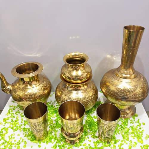 Elegant 7-Piece Vintage Brass Drinkware Set: Pitcher, Glasses & Lotas 1