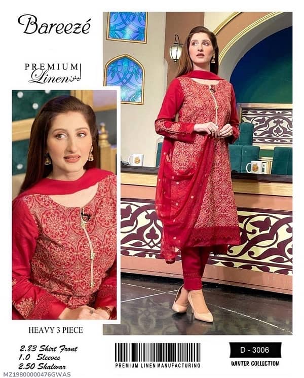 3 Pcs Women's Unstitched Linen Embroidered Suit 3