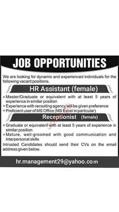 Job HR Assistant (female) & Receptionist 0