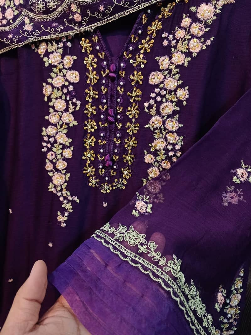 2pc Brand Quality Bamber Chiffon Embroidered Shirt and Dupatta 7