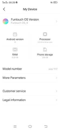 vivo y17.8/256 gb pta approved android version 10 0