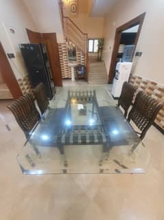 8 mm table glass top with black color shesham wooden base + 4 chair