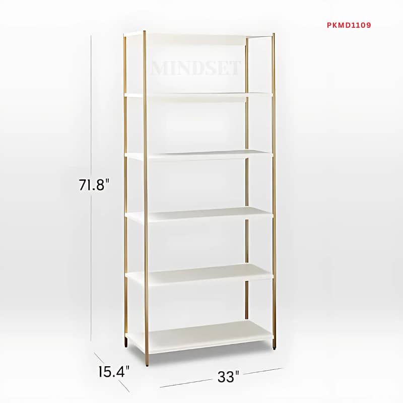 White Angle Bookcase, 6-Shelf Organizer, Gold Metal Frame, Bookcase 2