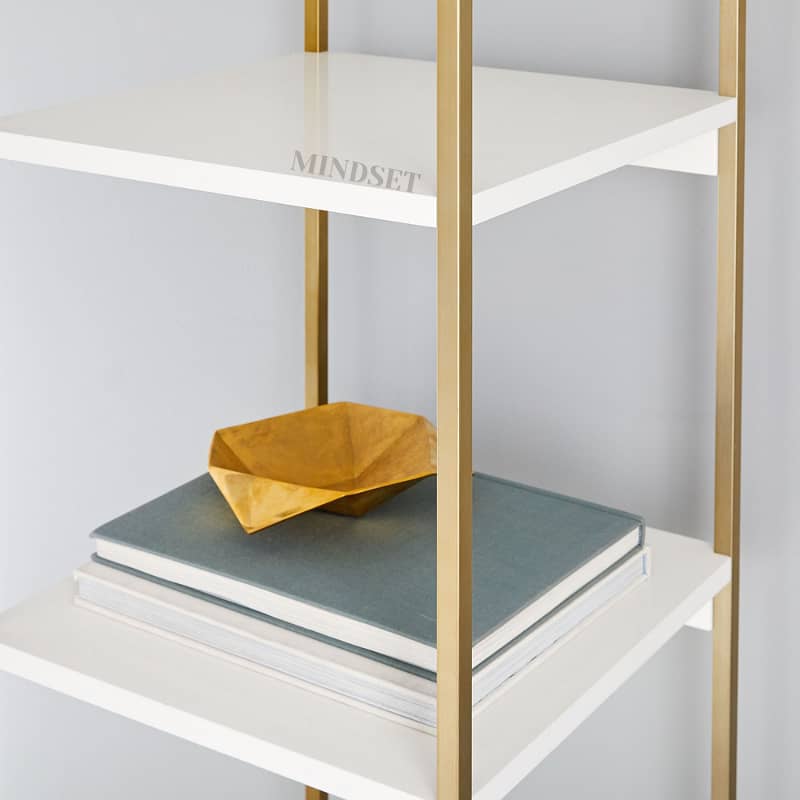 White Angle Bookcase, 6-Shelf Organizer, Gold Metal Frame, Bookcase 3