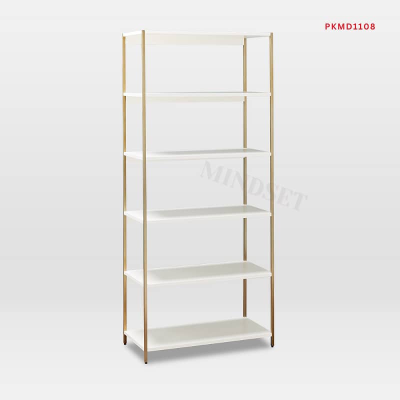 White Angle Bookcase, 6-Shelf Organizer, Gold Metal Frame, Bookcase 4