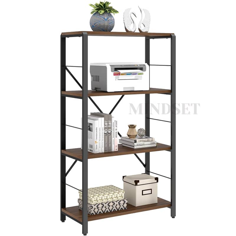 4 Tier Large Bookcase Wooden, With Black Metal Frame for Home Office 1