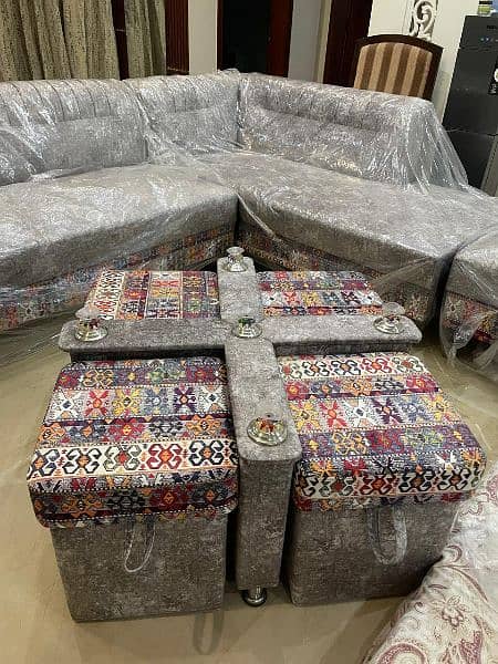 Brand New Complete Sofa Set with Chairs, Table, Stools and Dewan 3