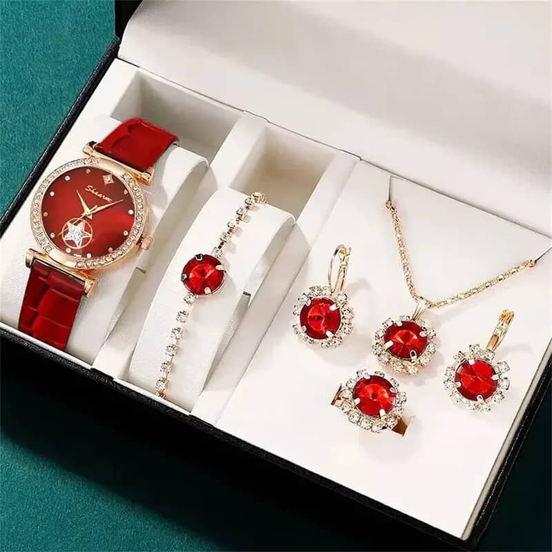 6 Pcs/set luxury women watch ring necklace earrings rhinestone casual 1