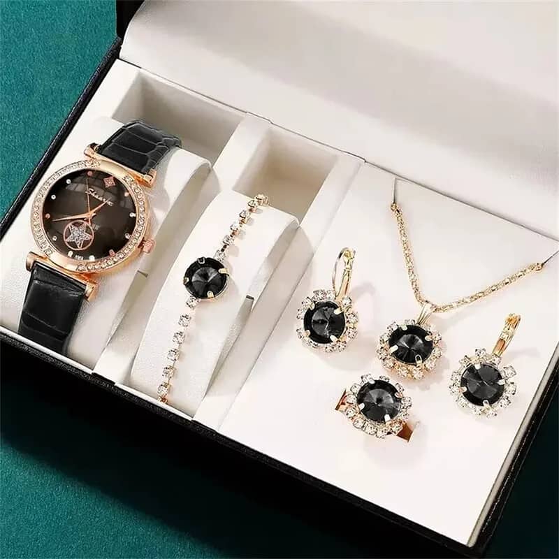 6 Pcs/set luxury women watch ring necklace earrings rhinestone casual 2