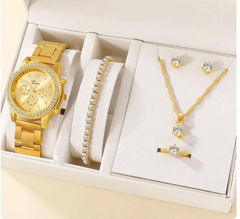 6 Pcs/set luxury women watch ring necklace earrings rhinestone casual 3