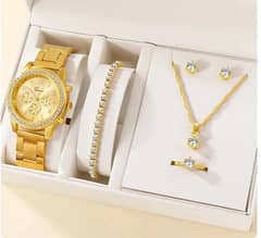 6 Pcs/set luxury women watch ring necklace earrings rhinestone casual