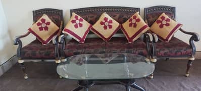 5 seater sofa of fine wood and wooden glass table 0