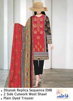 3pc Woman's Unstiched Dhanak Printed Suit