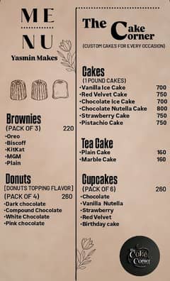 The Cake Corner menu