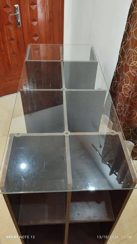 Glass Top Wooden Storage Table with open shelving 2