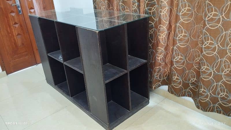 Glass Top Wooden Storage Table with open shelving 3