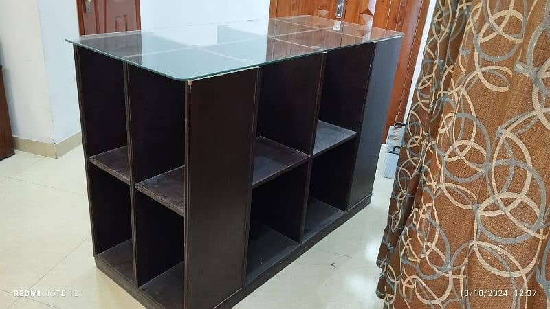 Glass Top Wooden Storage Table with open shelving 4