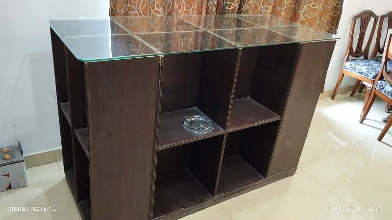 Glass Top Wooden Storage Table with open shelving 6