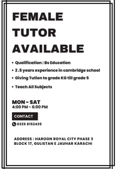 Female tutor available for primary classes