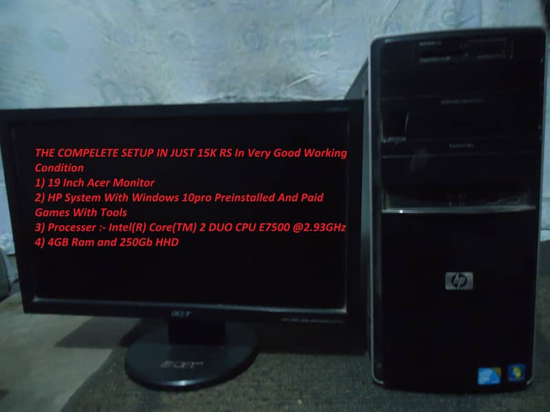 HP PC Intel Core 2 Duo 2GB RAM 256GB HDD 19'' Monitor Win 10 Pro 9