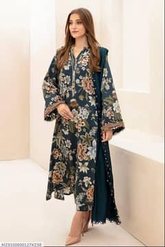 3 PCs woman's unstitched karandi printed suit 0