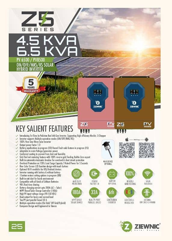 4.5 kW Ziewnic 6G, Z5, Hybrid Solar Inverter, PV 6500, 2 batteries 1