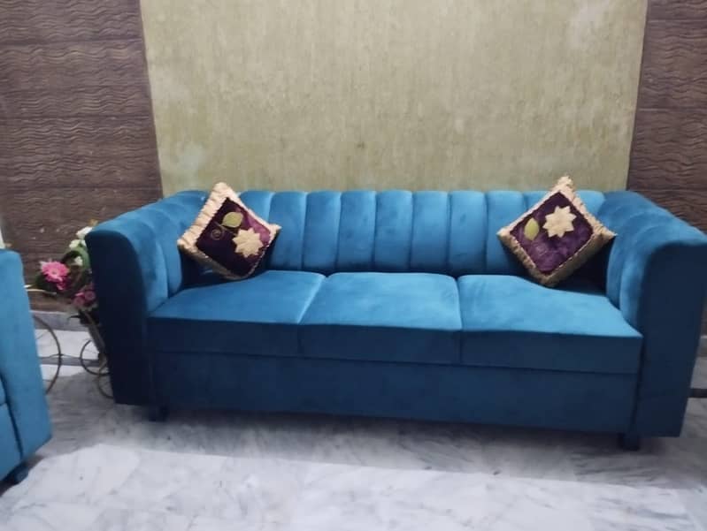 Just Like New 6 Seater Blue Velvet Sofa For Sale 0