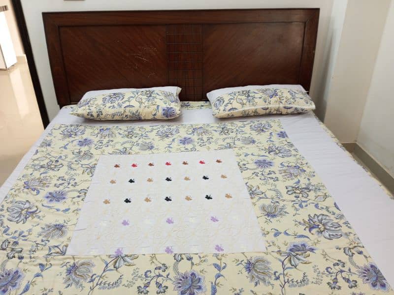 Double bed with mattress and 2 side tables glass top 4