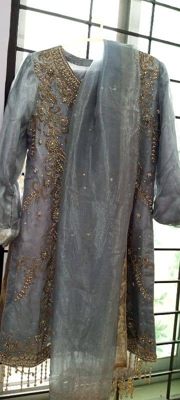 Grey Organza dress with Golden work 1