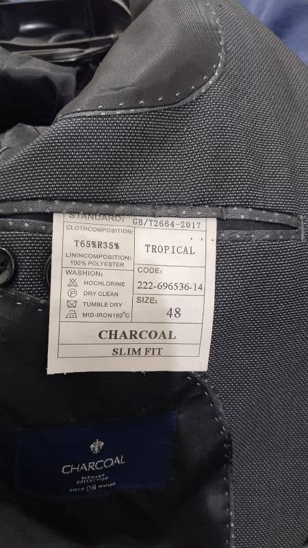 brand new pant coat and tie etc  of charcoal  " only one time used 4