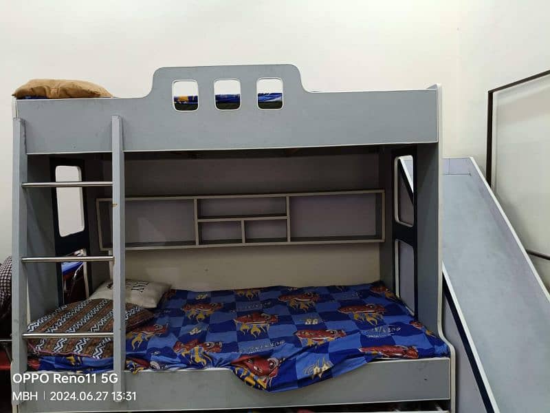 Triple Kids Bunk Bed w Slide n 2 Mattresses 0