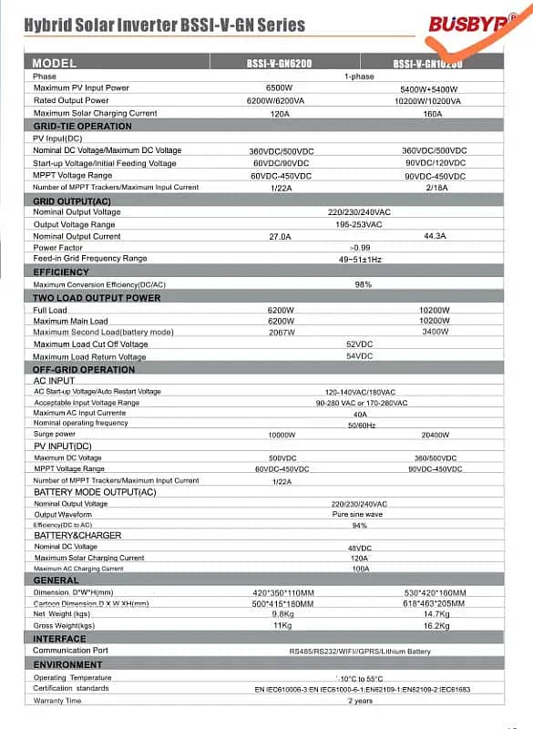 BUSBYR HYBRID SOLAR INVERTER 10.2KW + WIFI DEVICE in Faisalabad 6