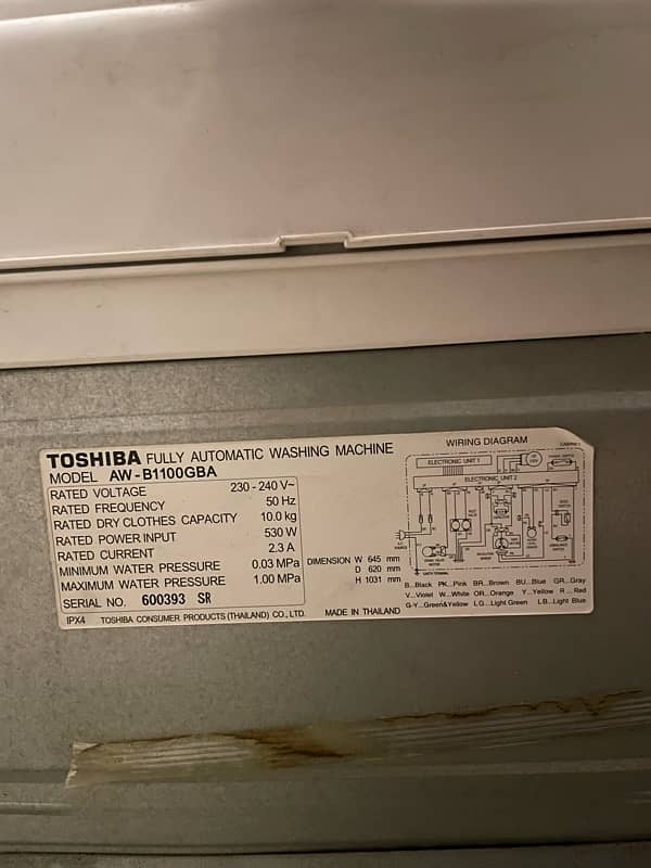 TOSHIBA WASHING MACHINE MODEL AW-B1100GBA 1