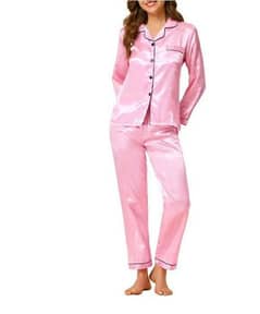 2 Pcs Women's Stitched Silk Plain Night Suit