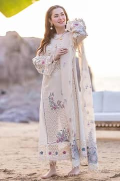 3  Pcs  Women's Unstitched Lawn Embroidered Suit.