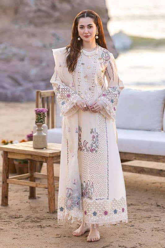 3  Pcs  Women's Unstitched Lawn Embroidered Suit. 4