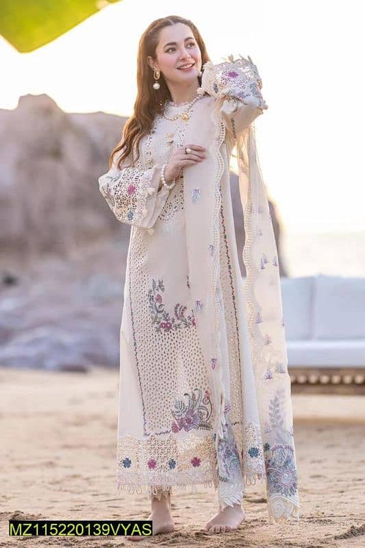 3  Pcs  Women's Unstitched Lawn Embroidered Suit. 7