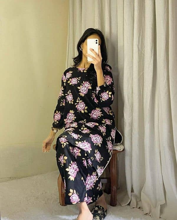 2 Pcs Women's Stitched Linen Printed Suit 0