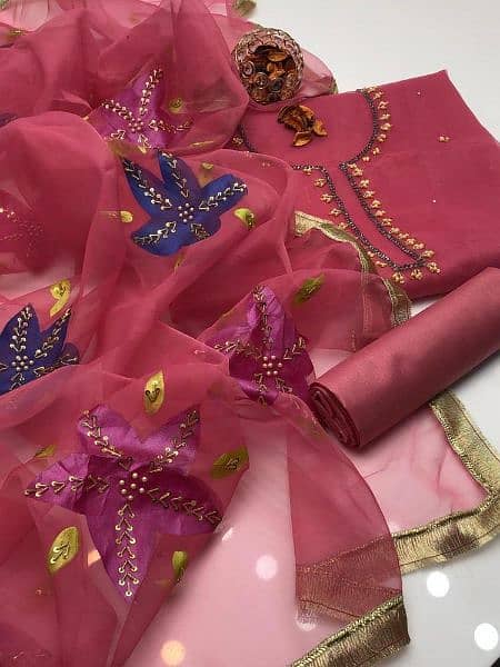 3pc embroidered unstitched organza suit 1