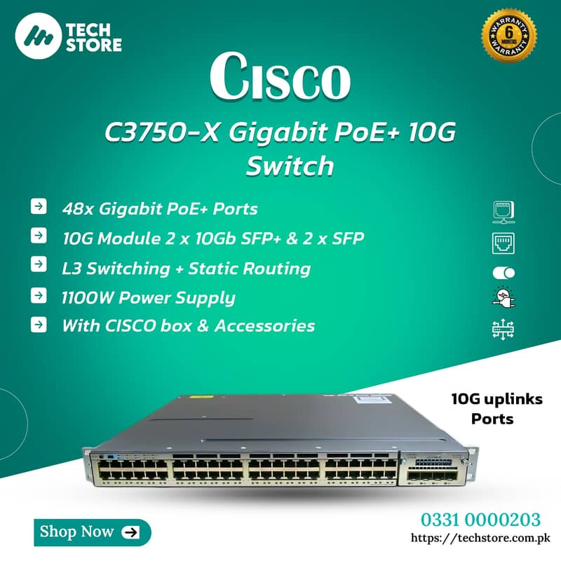 Cisco C3750-X 48 Port Gigabit PoE+10G | 10G Uplinks Ports(With Box) 0