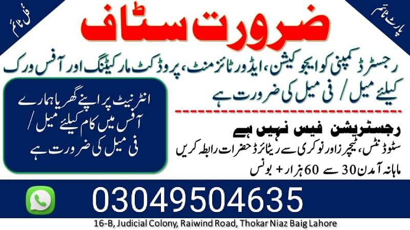 Lahore jobs available for fresh candidates/ male and female 0