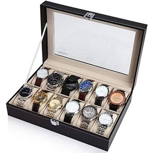 12 Slot Black PU Leather Watch Storage Box 3