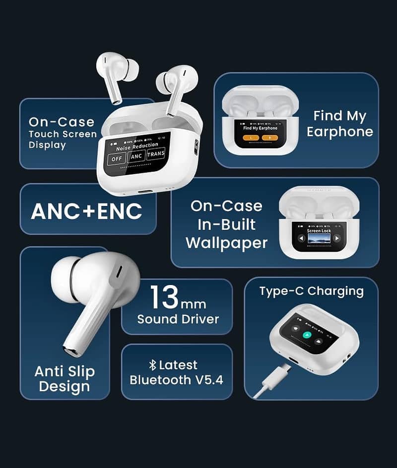 ANC Wireless Earphones A9 Pro Earbuds LED Touch Screen Bluetooth 5.4 1