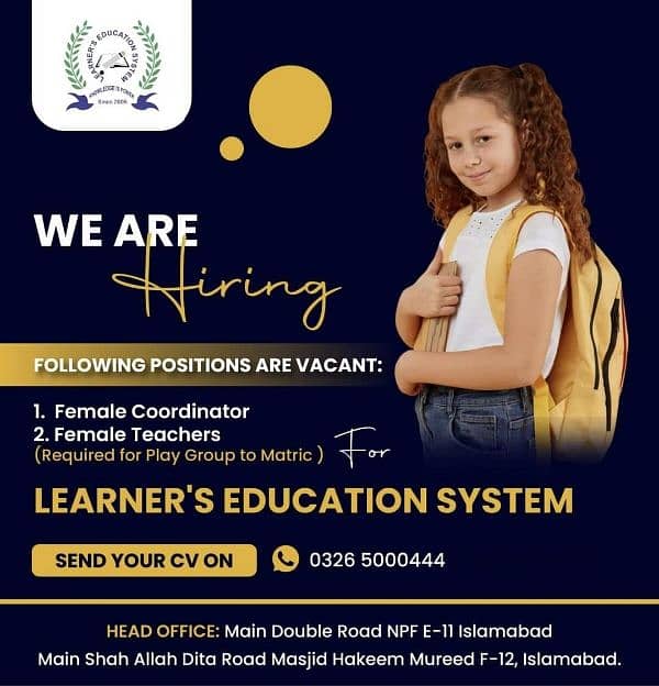 Female Coordinator & Females Teachers Required 0